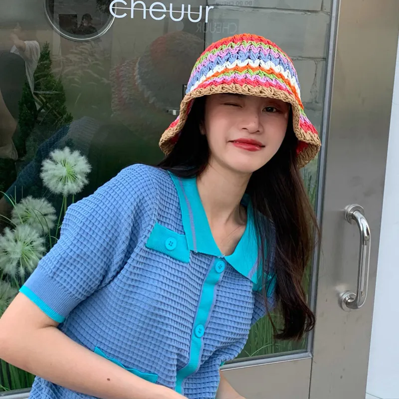 Wide Brim Hats Bucket Hats Tourist Hat Colorful Striped Shade Fisherman Hat Hand Knitted Straw Hat Ladies Rainbow Sun Protection Hat 230403