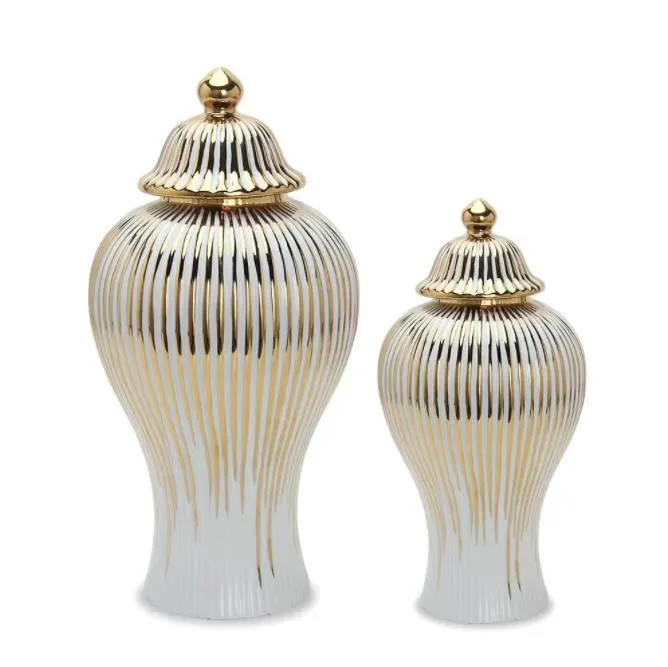Jar de gengibre cerâmico listras douradas decorativas jarra general vaso de porcelana tanque de porcelana com tampa de artesanato decoração de artesanato doméstico