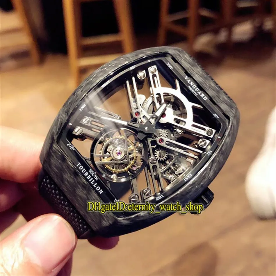 Top Quality NUOVO SARATOGE VANGUARD SKELETON V 45 T SQT CARBONE Real Tourbillon Orologio automatico da uomo Cassa in fibra di carbonio Scheletro Spor153z