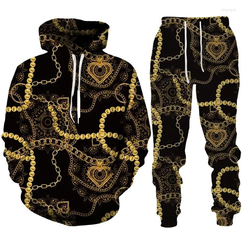 Herrspårsperioder Boutique Golden Chain 3D Print Women's Hoodie/Pants/Set Spring Fall Long Sleeve Tracksuit Outfits Par Streetwear Jogging