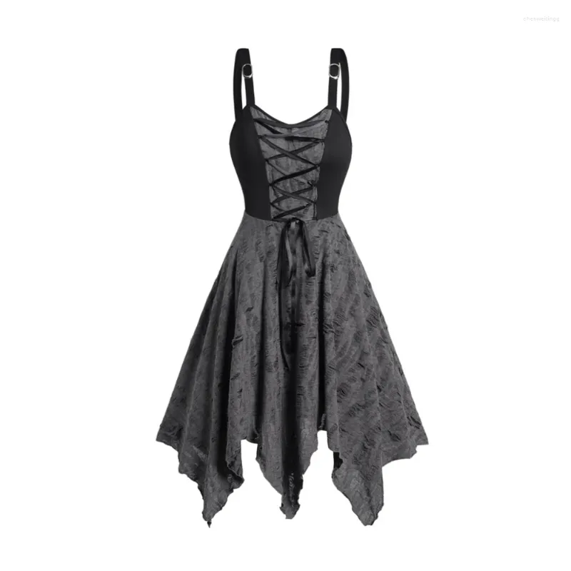 Lässige Kleider Gothic Colorblock Lace Up Destroyed Style Kleid für Damen Verstellbarer Riemen Asymmetrischer Saum Midi Robe