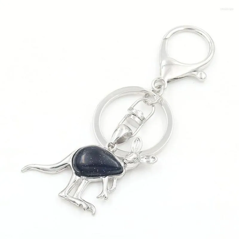 Keychains FYSL Silver Plated Circle Kangaroo Shape Malachite Stone Key Chain Black Agates Animal Jewelry