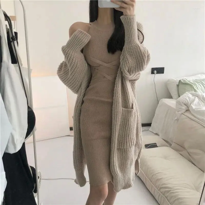 Cozy Knitted Set: Casual Long Sleeve Floral Cardigan Dress Suit