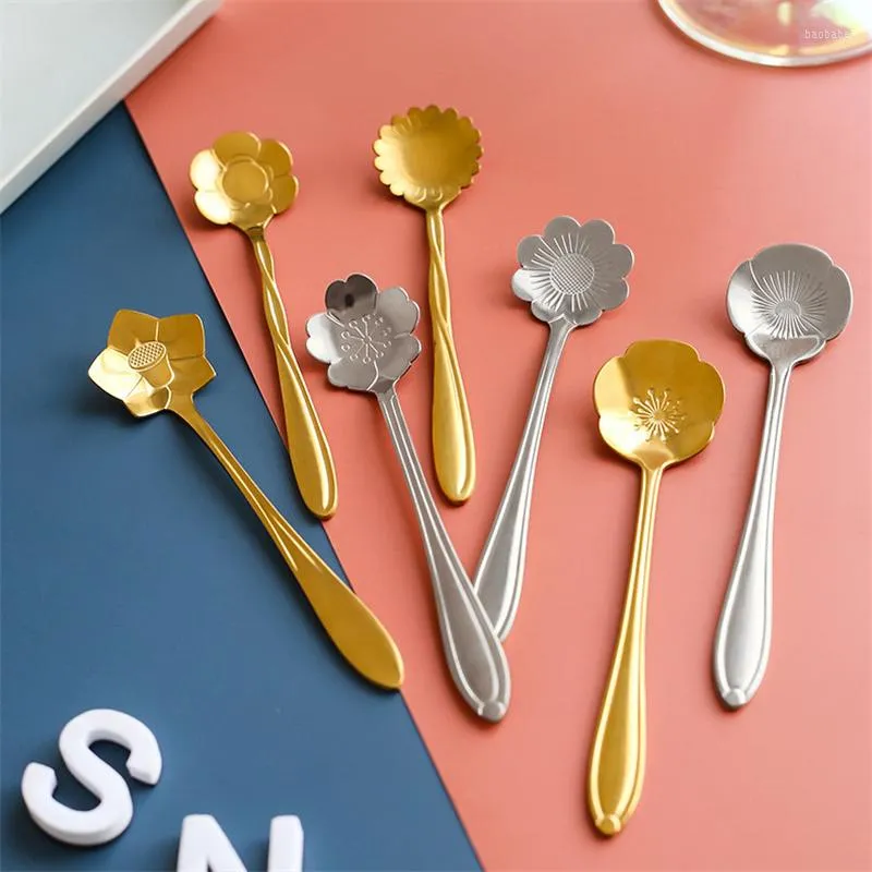 Dinnerware Sets Long Handle Coffee Cup Spoon Cherry Sunflower Shape Stirring Silver Stainless Steel Love Heart