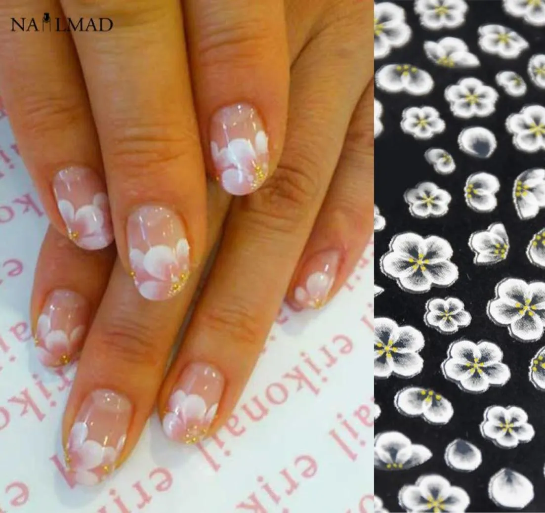 1 folha de adesivos para arte em unhas com flores, renda branca, adesivo para unhas, flor acrílica, decalques adesivos em ouro rosa, 1240261