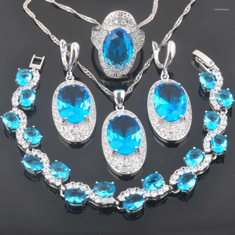 Necklace Earrings Set Hight Quality Silver Color Sky Blue Zirconia For Women Wedding Crystal Bracelet Pendant Ring QS0288