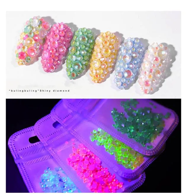 Decorazioni per unghie fluorescenti di dimensioni miste 3D Strass Fai da te Nail Art Manicure Flatback Perline Borchie Accessori7355544