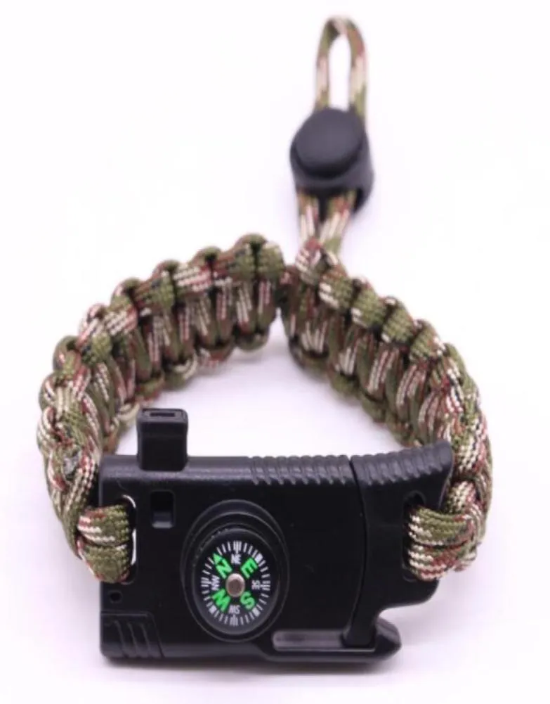 Bracciale di sopravvivenza Paracord Braccialetti di salvataggio automatico con cavo per paracadute regolabile 5 in 1 Braccialetti da polso da campeggio per sport all'aria aperta bussola w6631795