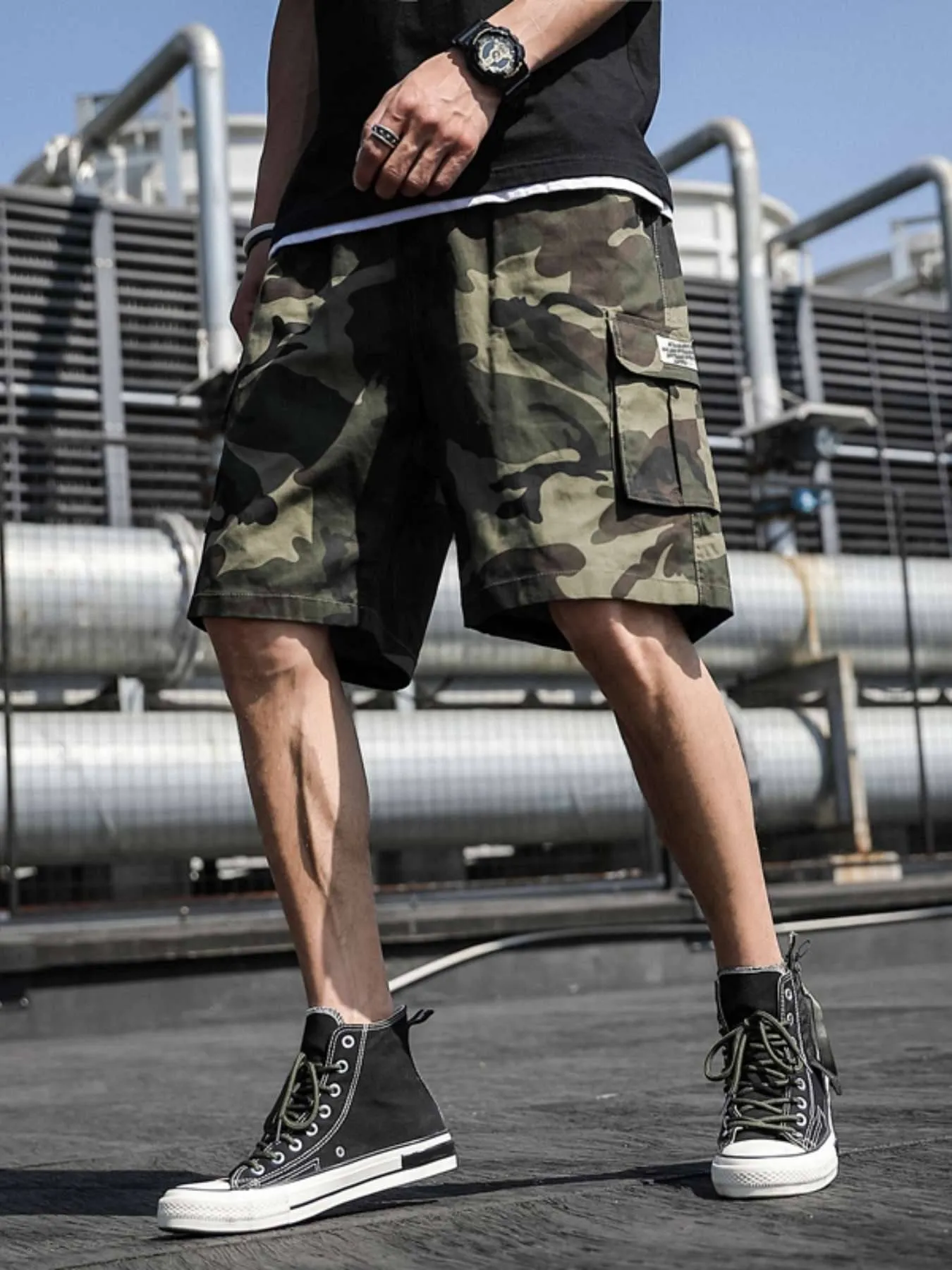 Herren-Shorts, zufälliger Camo-Druck, Pattentasche, Kordelzug in der Taille, Cargo AEchoice 230403