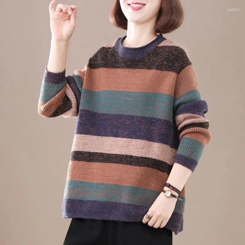 Pulls pour femmes Automne Hiver Style coréen Femmes en vrac Pull tricoté Rétro Contraste Couleur Rayé O-Cou Mode Simple Élégant Casual