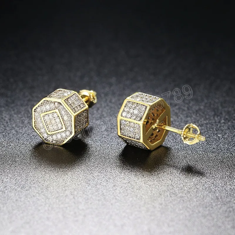 Men Women Fashion Earrings Jewelry Gold Plated Full CZ Studs Earrings with Screwbacks