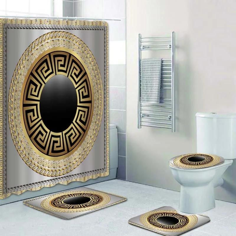 Tende da doccia Geometrica Chiave greca Meandro Mandala Motivo Set di tende e tappeti Astratti Tappetino da bagno Toilette Decorativo 230403