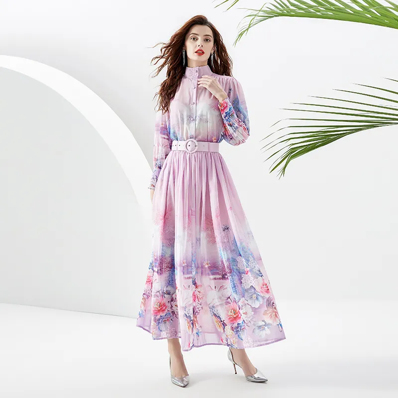 Vacation Woman Floral Boho Maxi Dress Purple Stand Collar Cotton Blend  Ankle-Length Lantern Sleeve from Dhgate Basic & Casual Dresses - price 45.1