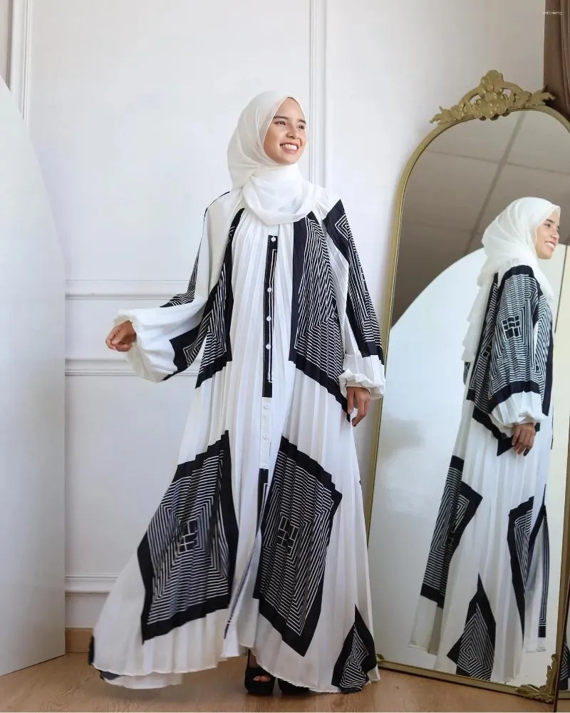 Etnische kleding moslim abaya mode geplooide lantaarn mouw gewaad vrouwen bedrukte lange jurk midden-oosten losse casual jurk