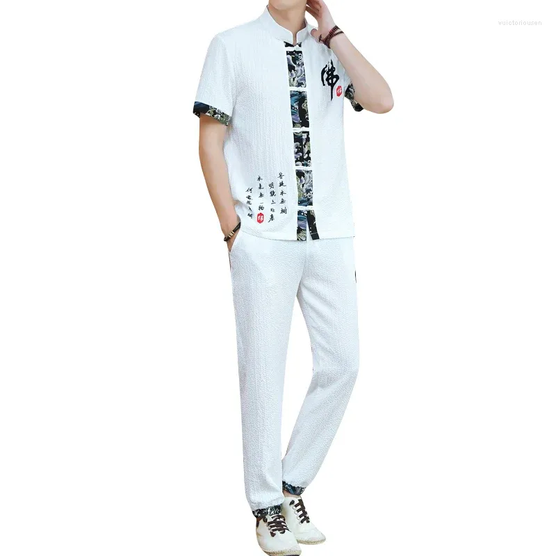 Men's Tracksuits Summer Men Embroidery Set Black / White Chinese Retro StyleStanding Neck Short Sleeve Patchwork T-Shirt And Trousers