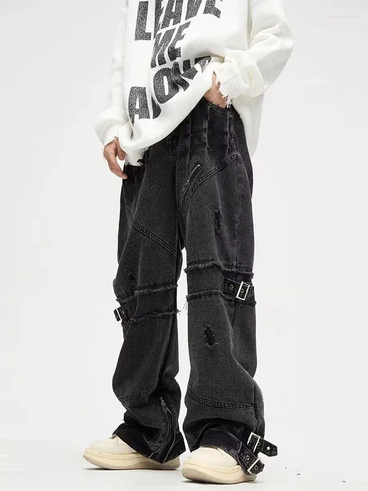 Men's Jeans YIHANKE Y2K Streetwear Black Baggy Ripped Stacked Cargo Pants Men Clothing Punk Straight Denim Trousers