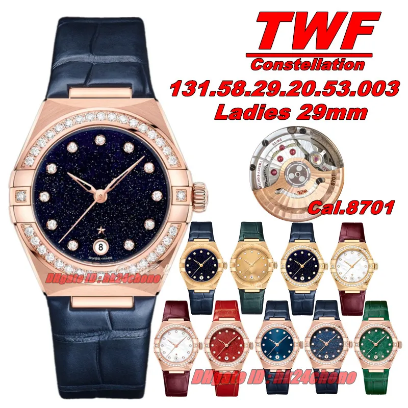 TWF Factory Watches 131.58.29.20.53.003 Constellation Rose Gold 29 mm Cal.8701 Autoamtic dameshorloge met diamanten rand blauwe wijzerplaat lederen band dameshorloges