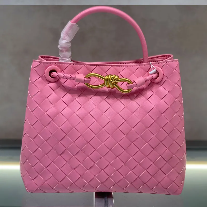 Luxury Pink Woven Bags Andiamo Small Handbag Large Capacity Tote Bag Shopping Bags Fashion Knitting Cowhide Genuine Leather Plain Hobo Shoulder Bags 230728bj