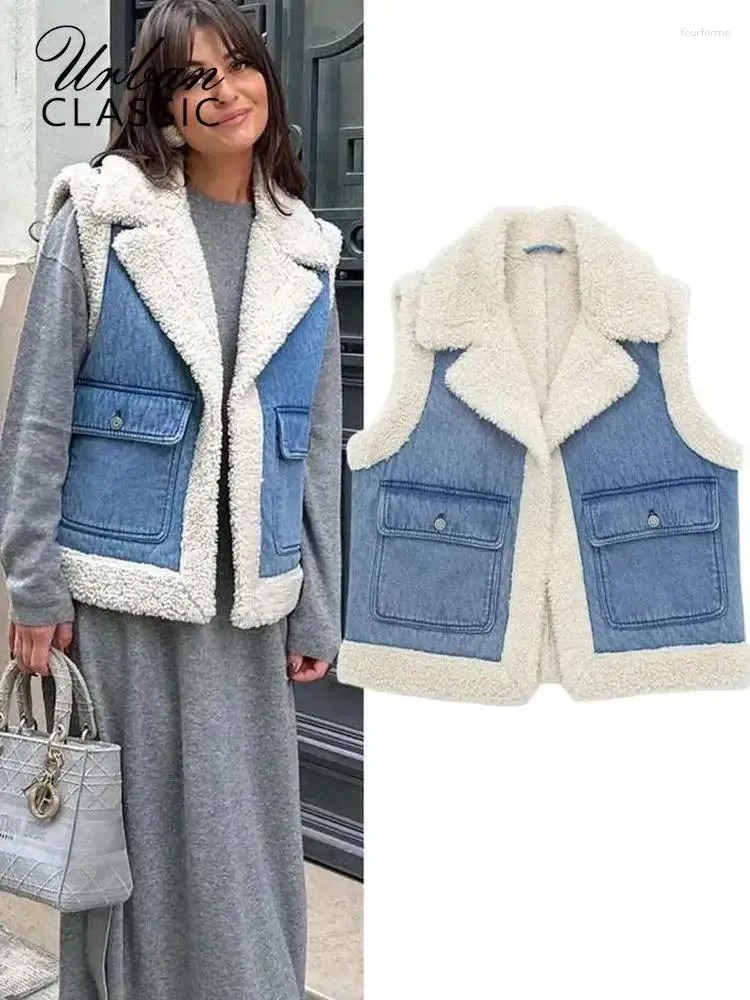 Gilet da donna Moda Senza maniche Gilet in lana d'agnello Donna Spesso Patchwork Gilet femminile Giacca Autunno Inverno Caldo Casual Risvolto Peluche Lady