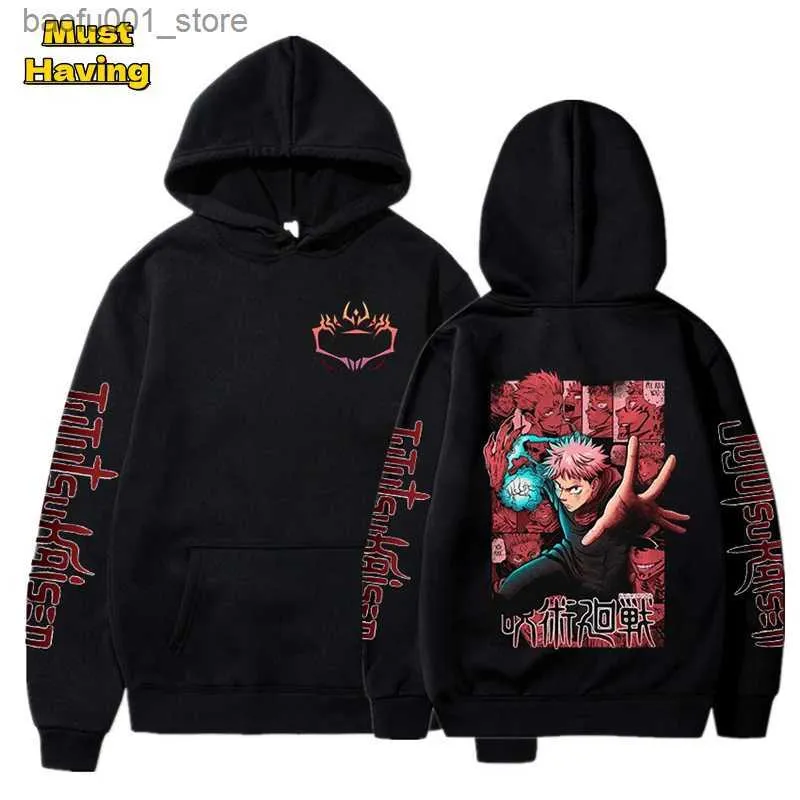 Moletons masculinos com capuz Anime Jujutsu Kaisen Itadori Yuji Moletons com capuz gráfico para homens e mulheres com bolso Kanga Fleece forrado pulôver tops Q231103