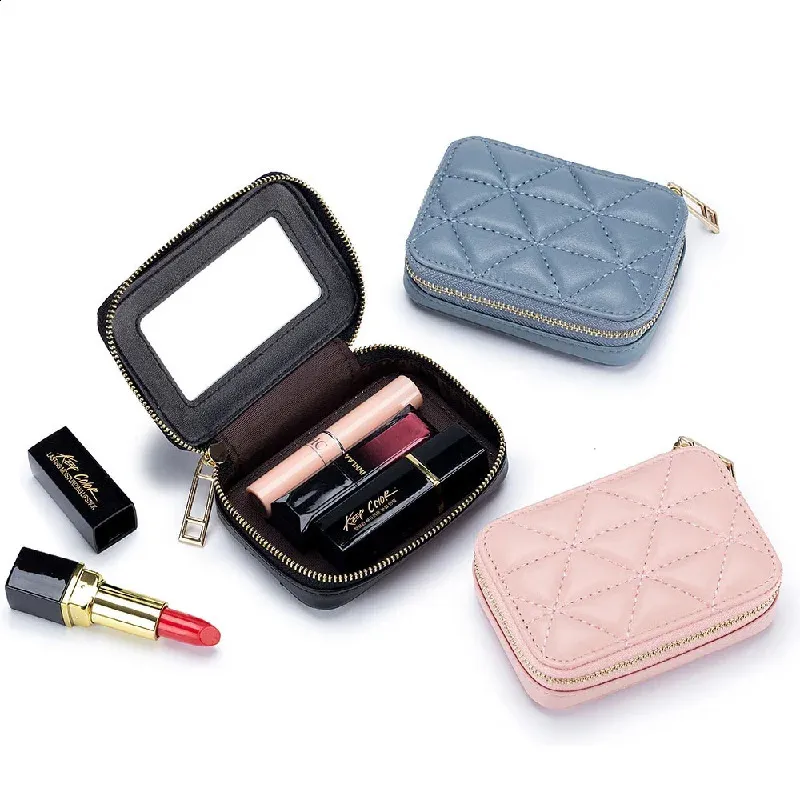 Kosmetiska väskor äkta läderläppstiftfodral med spegel för handväska bärbar rese mini makeup väska berör söt hållare 231102