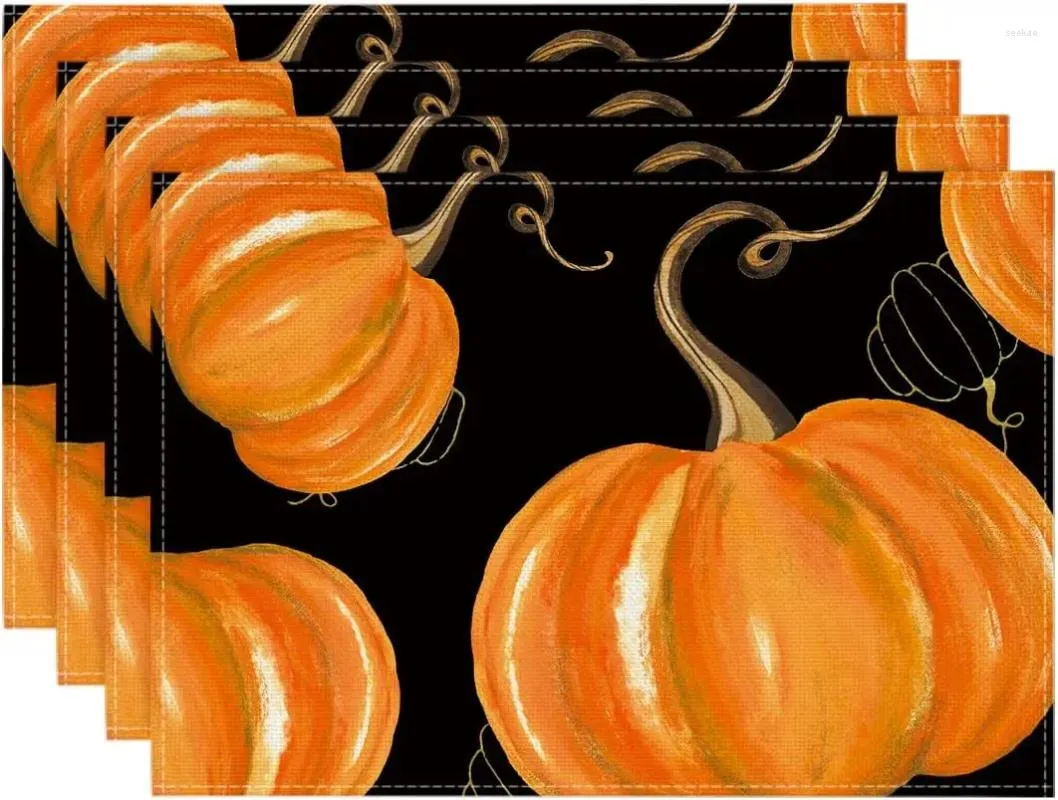 テーブルマットブラックカボチャの秋のプレースマットセット4 12x18インチ季節の秋のハロウィーンパーティーキッチンダイニング装飾品