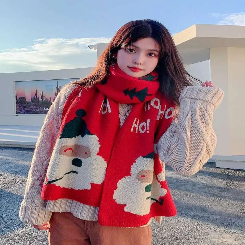 New Year Gift Red Christmas Scarf Women's Winter Versatile Thickened Warm Student Couple Knitted Wool Long Neck cosplay