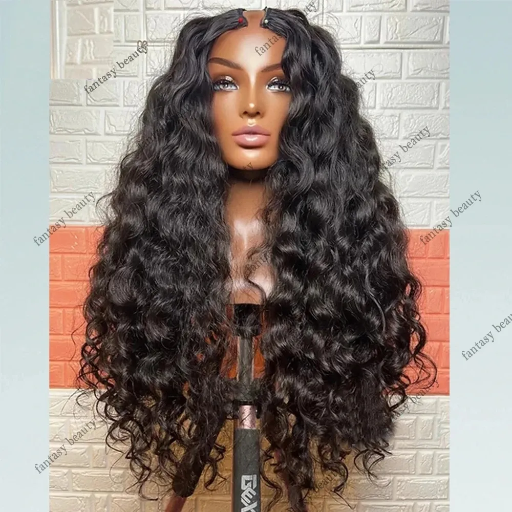 30" ondulé U partie perruques cheveux humains naturel noir 1x4 ouverture lâche vague profonde V partie perruque sans colle 250 densité pleine extrémité aucune dentelle