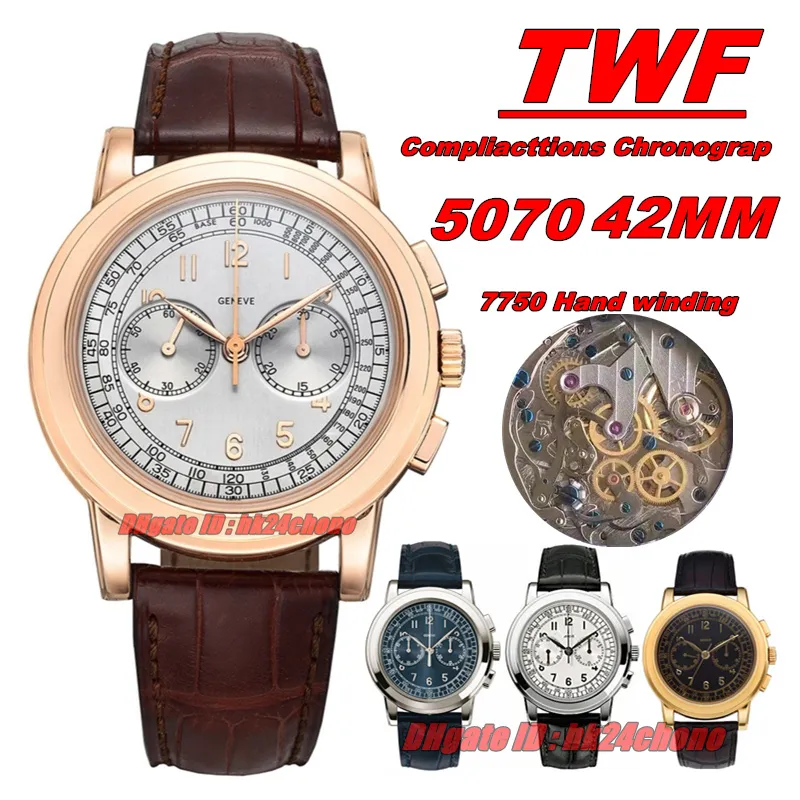 TWF Factory Watches 42mm Compriacttions Chronograph 5070 Hand Winding Eat7750 Mechanical Mens Watch White Dial Stainless Steel Leather Strap Gents Watches