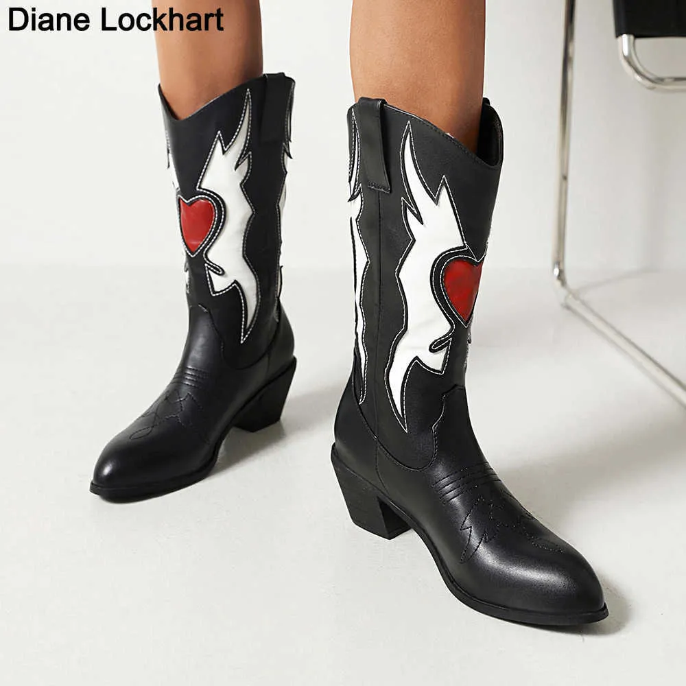 Dropshipp Female Love Heart Mid Calf Boots For Women Cute Cowgirls Cowboy Chunky Heel Vintage Fashion Punk Western Boots Women 230403