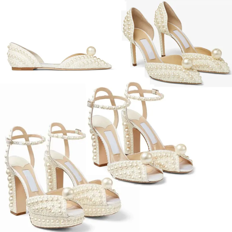 Summer Sacaria Dress Wedding Shoes Pearl-Embilled Satin Sandals Sandals Elegant White Bride Learls High Cheels Pumps EU35-43
