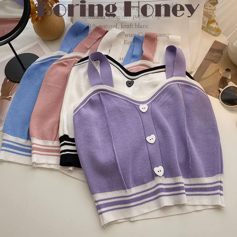 Camisoles Tanks Boring Honey Women Crop Top Love Button Mouwess Tops Contrast Color Summer Fashion Be AllMatch Vneck 230403