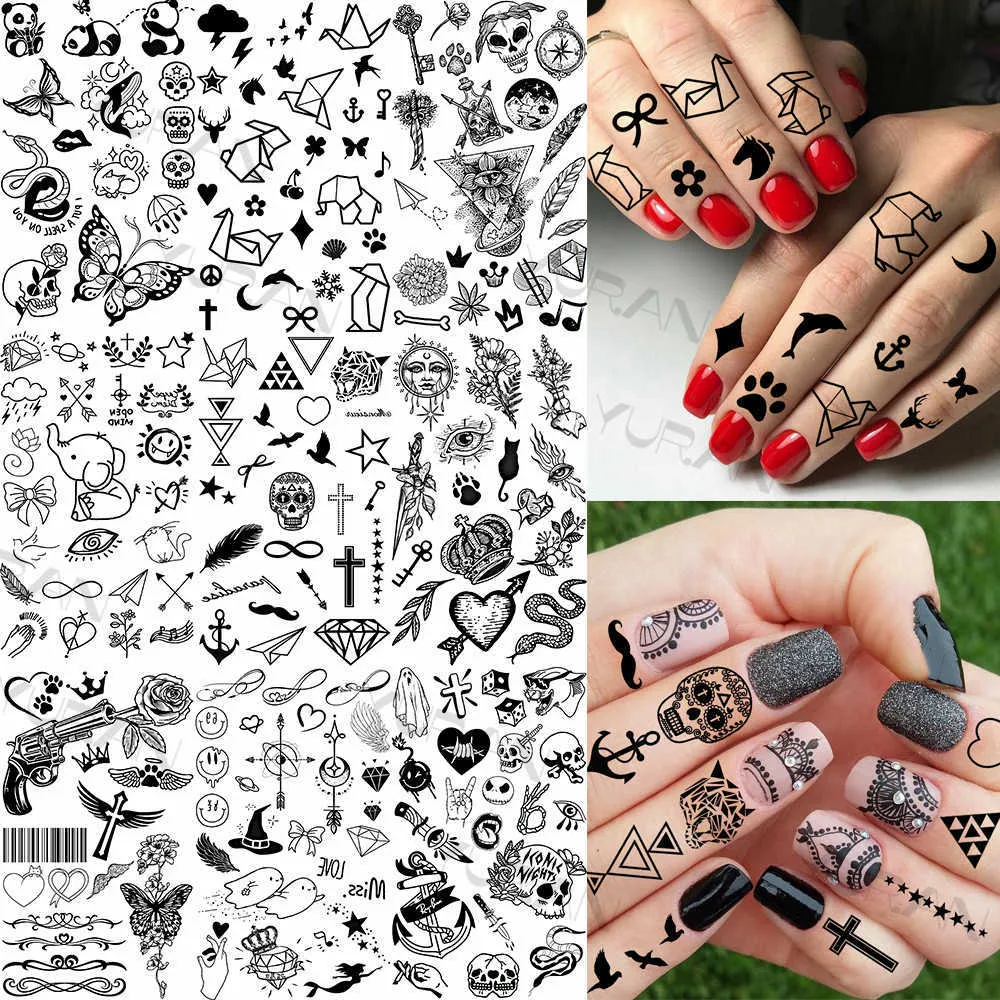 Tillfälliga tatueringar Small Anchor Skull Tillfälliga tatueringar för kvinnors realistiska falska elefantpistolblomma Tatuering Klistermärke Finger 3D Waterproof Tatoo Z0403