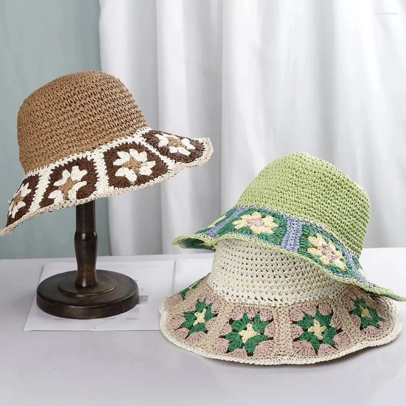Geniş Memlu Şapkalar Japonya Kore Kroşe Güneş Şapkı Kadınlar Yaz Çiçekleri Saf El Dokuma Saman Plajı Güneşlik Balıkçı Kepleri Nefes Alabilir kova