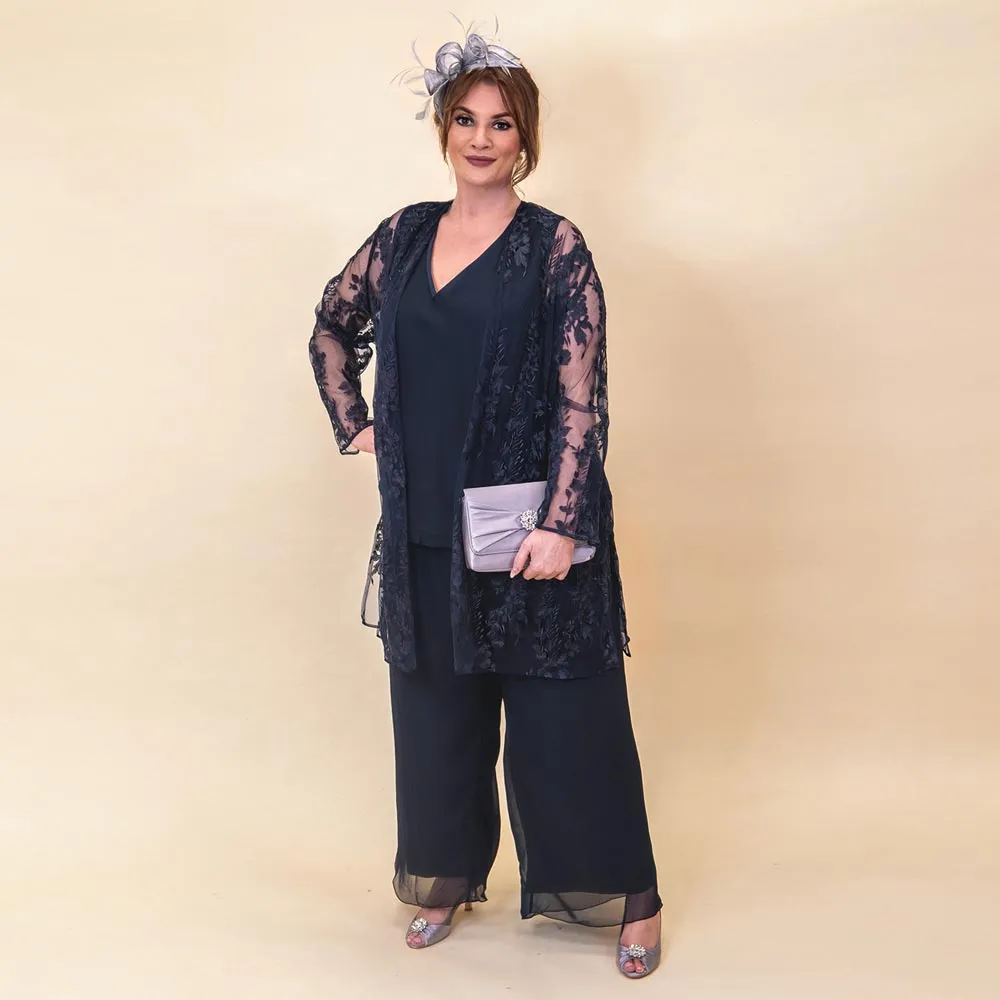 Eleganti tailleur pantalone per la mamma in pizzo con giacca a maniche lunghe Abito per invitati al matrimonio con scollo a V 3 pezzi Abiti per la