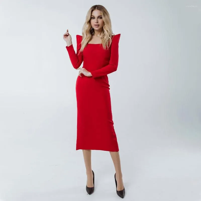 Robes de soirée Simple Midi robe de Cocktail 2023 manches longues col carré robes élégantes pour les femmes longueur gaine robe de soirée