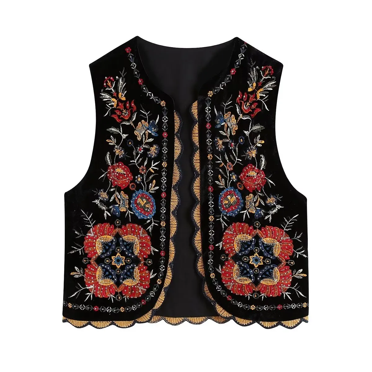 Female sleeveless embroidered flower velvet fabric O-neck national wind desinger vest cardigan coat SML