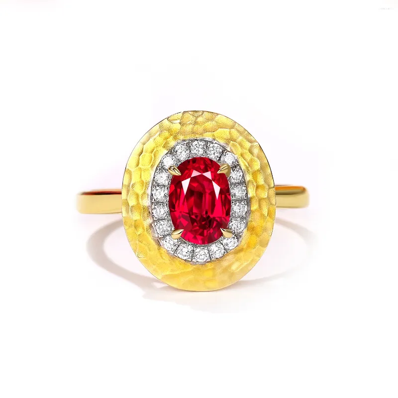 Klusterringar vintage smycken au750 18k gul guldring hamrad design duva blod naturliga rubin diamanter trendig anpassa