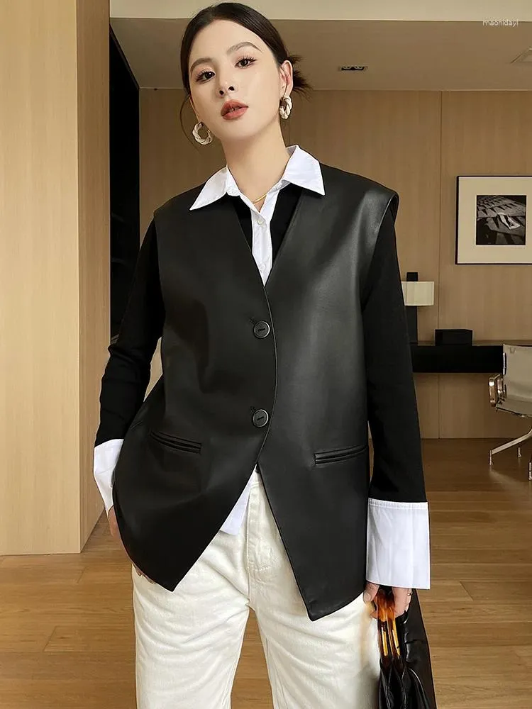 Gilet en cuir de mouton véritable pour femme, manteau Simple, sans manches, décontracté, col en v, noir, veste authentique, automne 2023