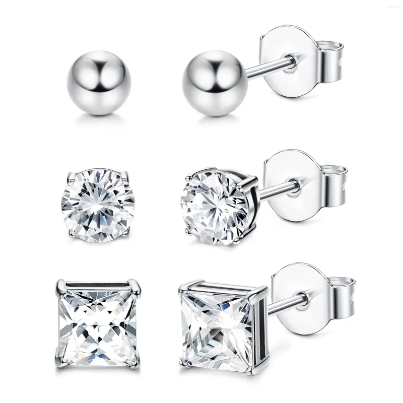 Stud Earrings 1-3 Pairs Stainless Steel Round Ball Square Cubic Zirconia Studs Set Cartilage Tragus CZ For Women Men