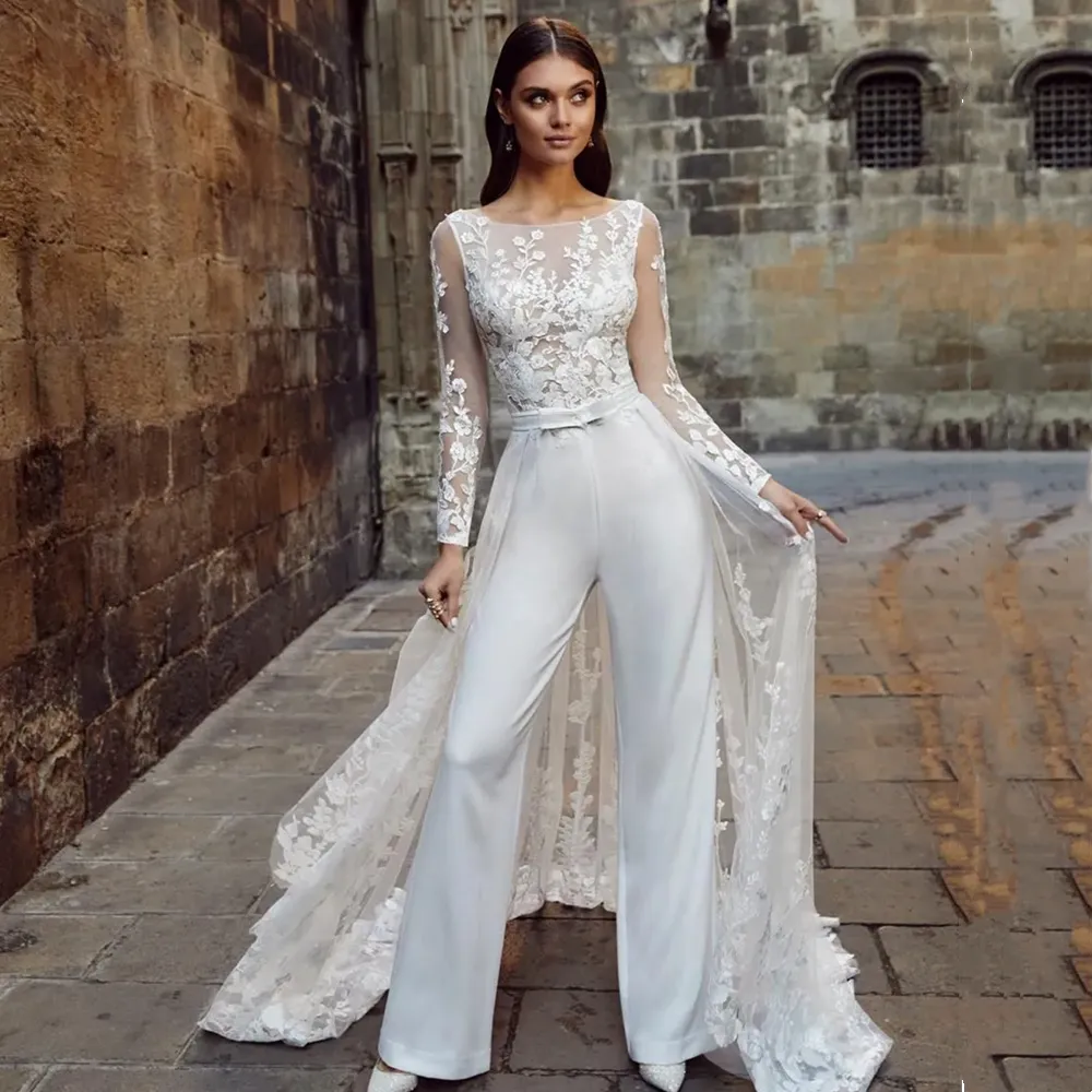 2023 Manches Longues Mariée Combinaisons Robe De Mariée Avec Train Détachable Dentelle Appliques Dos Nu Sexy Plage Robes De Mariée 2023 Pays Robe De Novia