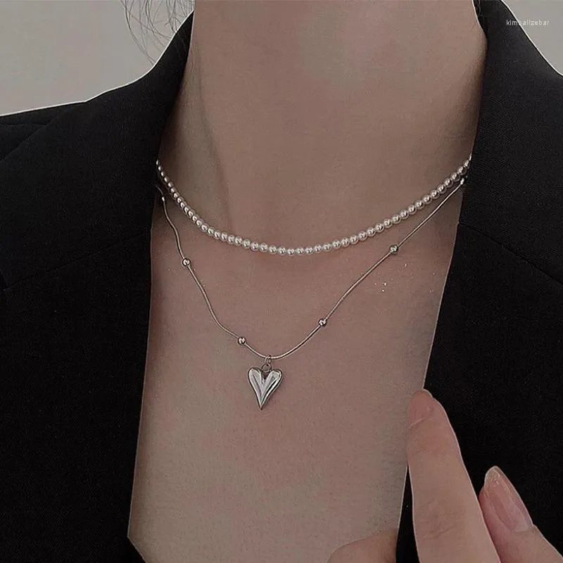 Pendant Necklaces Double Layer Stacked Pearl Titanium Steel Non-Fading Three-Dimensional Love Necklace For Women Simple Clavicle Chain