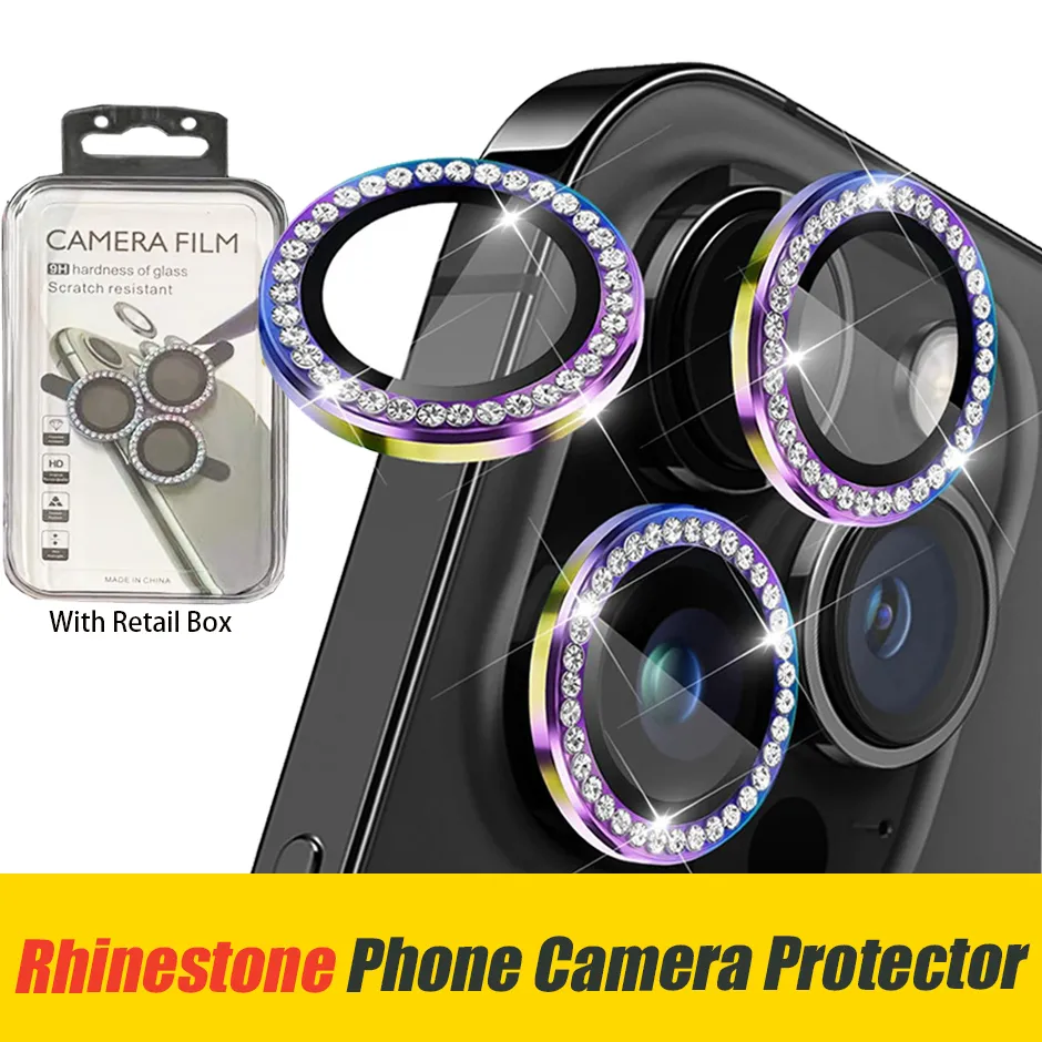 Rhinestone Glitter Phone Camera Lens Glass Protector för iPhone 15 14 13 12 11 Pro Max iPhone14 Kamera täckning Crystal Diamond Bling Bling