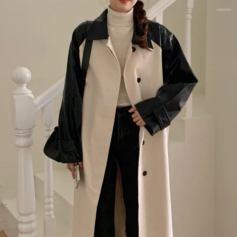 Trenchs pour femmes SuperAen Corée Chic Automne Style Rétro Couture À Revers Conception En Cuir PU Simple Boutonnage Lâche Long Manteau
