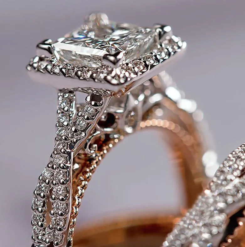 En gros magnifique 3 pièces/ensemble femmes anneaux de mariage mosaïque deux tons romantique femme bague de fiançailles bijoux de mode