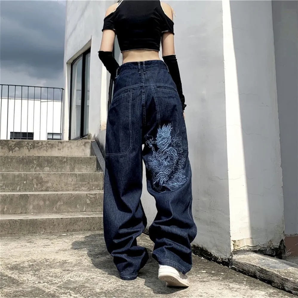 Damen Jeans American Street Hip Hop Drachenstickerei Retro hohe Taille lose gerade Jeans mit weitem Bein weibliches Y2K Harajuku wildes Jeanspaar 230403