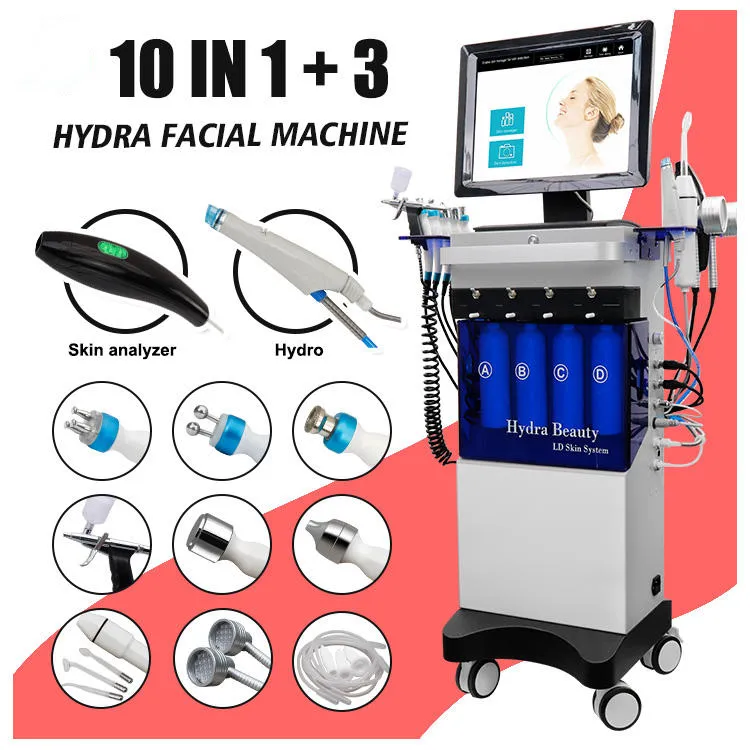 Massage du visage 13 en 1 Centre Hydro Diamond Dermabrasion RF Élasticité de la peau sous vide Améliorer le lifting du visage Appareil de lifting du visage à ultrasons avec analyseur de peau