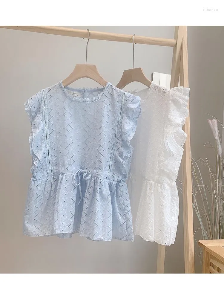 Camicette da donna Lamptrip Summer Lucky Leaves Ricamo Ruffles Kawaii Camicia senza maniche con coulisse Mori Girl Top Tee 2023