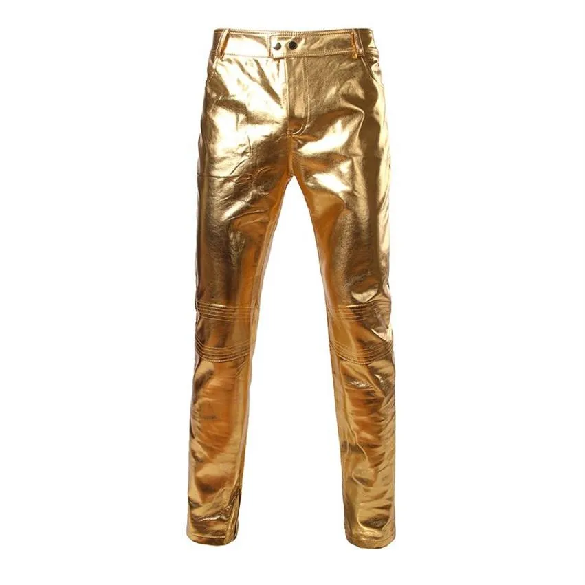 Gold Shiny PU Leather Motorcycle Pants Men Brand New Skinny Tights Leggings Nightclub Stage Trousers Singers Dancer Male Joggers331Q