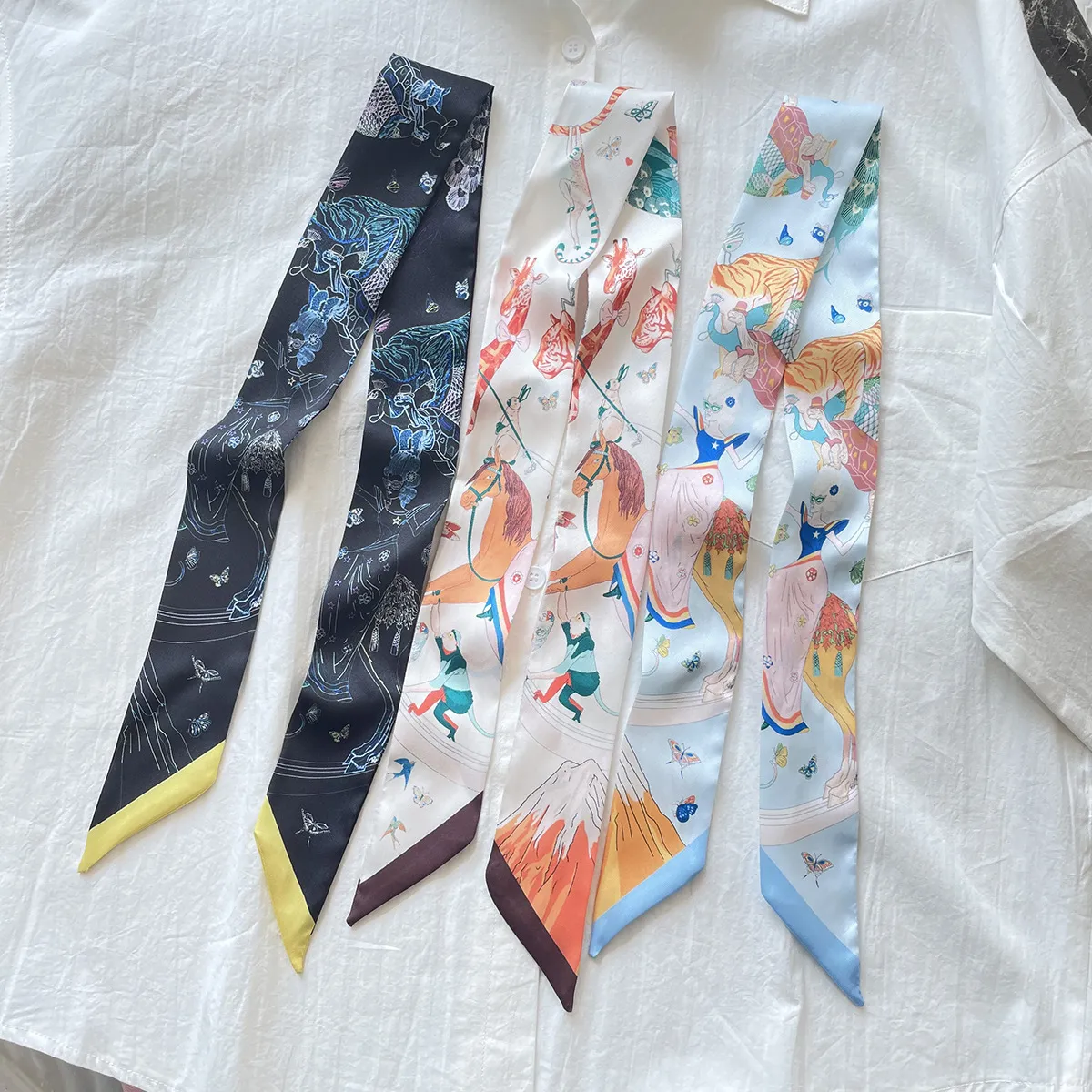 Fashion printed long small silk scarves cartoon decoration double tied ribbon gift.